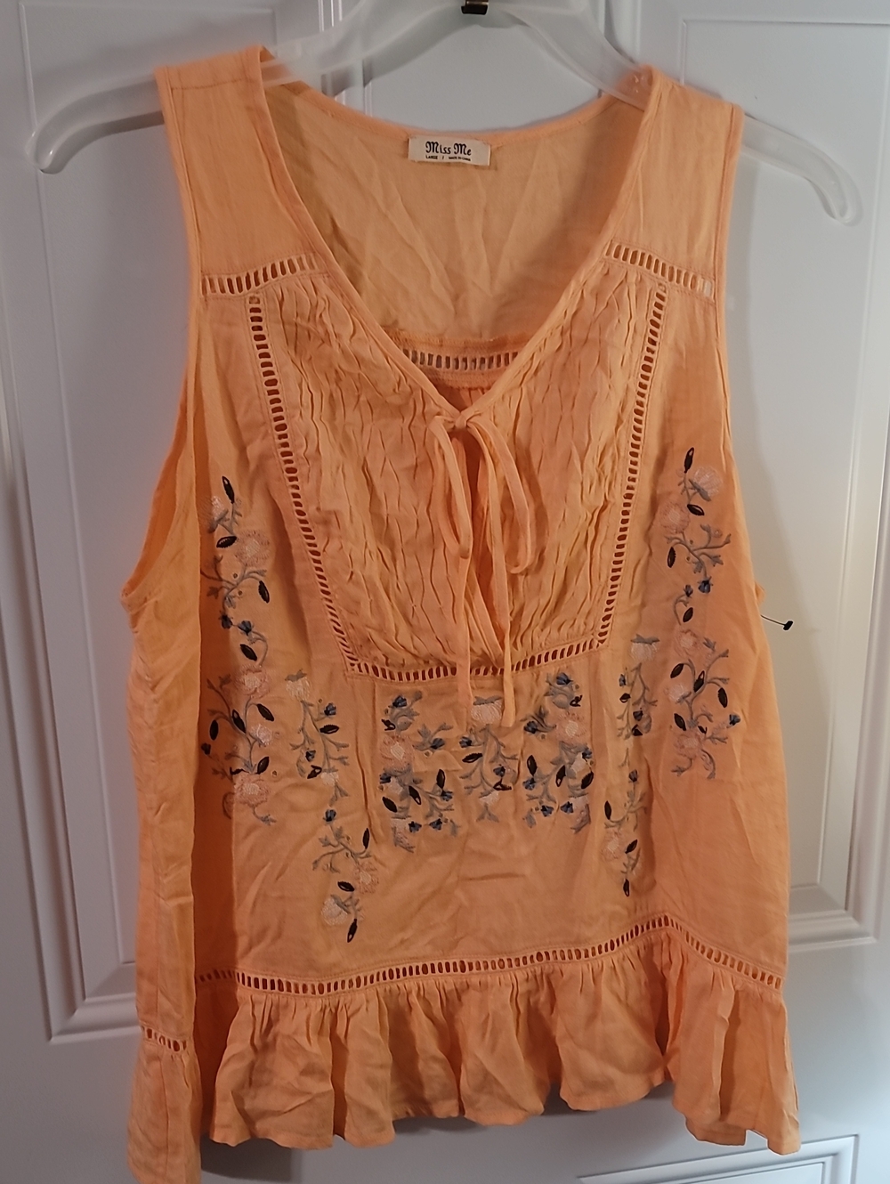 Miss Me Peach Embroidered Sleeveless Tie-Front Peasant Blouse